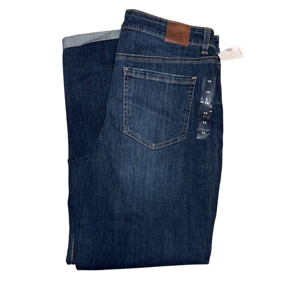 NWT Maurices Womens Boyfriend Button Fly Jeans 14 28 Cuffed Stretch Dark Wash